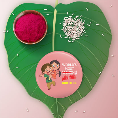 Detailed view showing the metallic finish and quality of the Annoying Brother Rakhi.