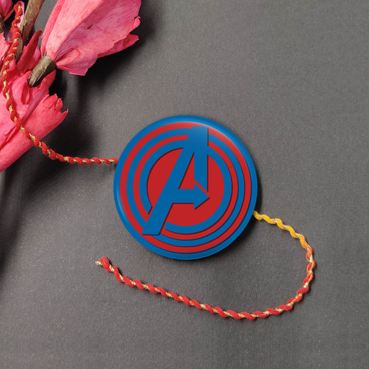 Avengers Metal Rakhi on a thread, with Roli and Chawal for Raksha Bandhan.
