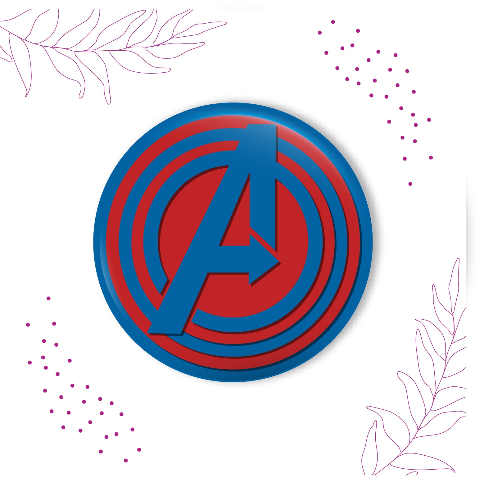 Close-up detail of iconic Avengers 'A' logo on metal Rakhi and magnet.