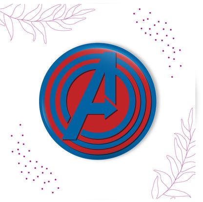 Close-up detail of iconic Avengers 'A' logo on metal Rakhi and magnet.