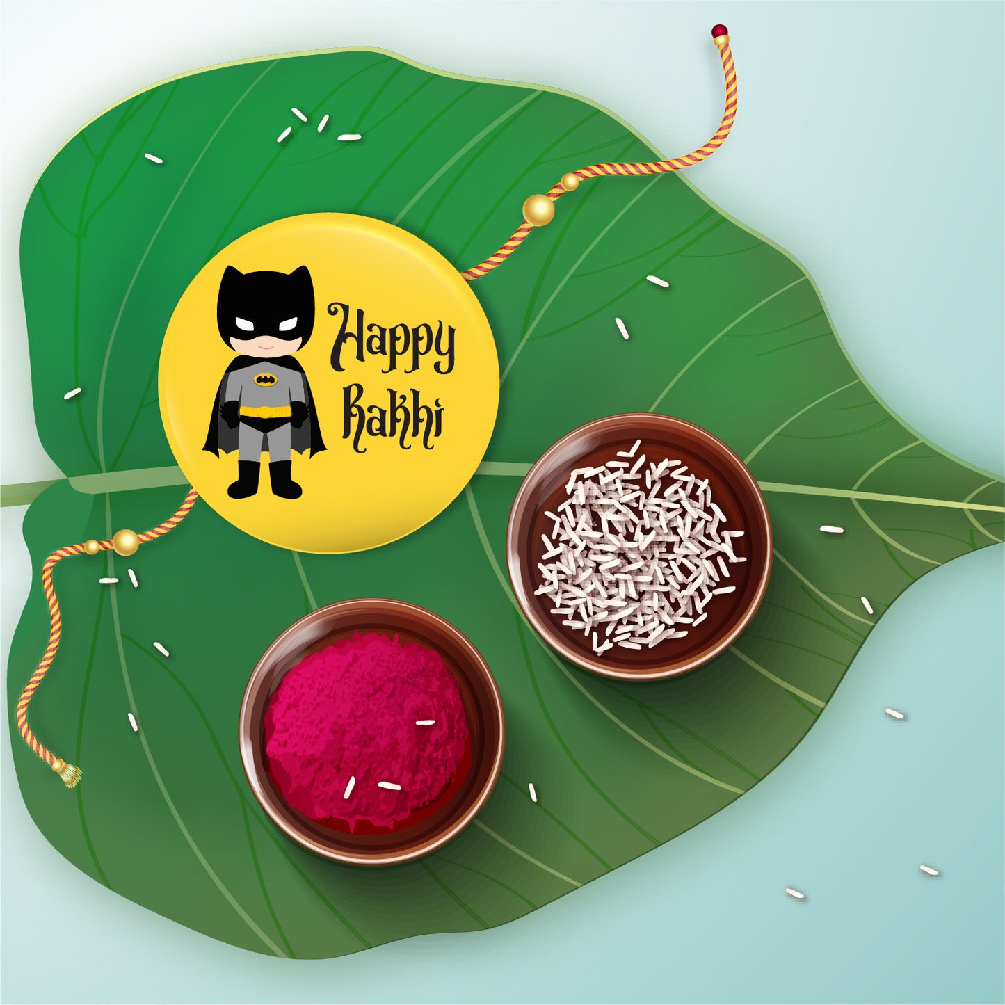 Batman Rakhi shown both on a thread and as a fridge magnet.