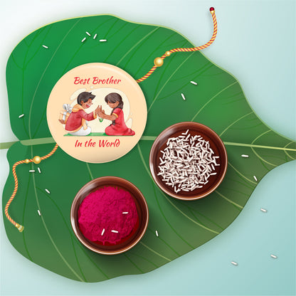 Close-up detail of 'Best Brother in the World' inscription on metal Rakhi and magnet.