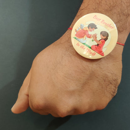 Best Brother in the World Rakhi shown both on a thread and as a fridge magnet.