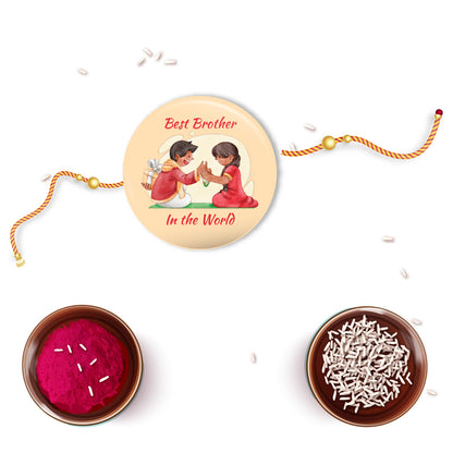 Elegant gift packaging for Best Brother in the World Metal Rakhi + Fridge Magnet.