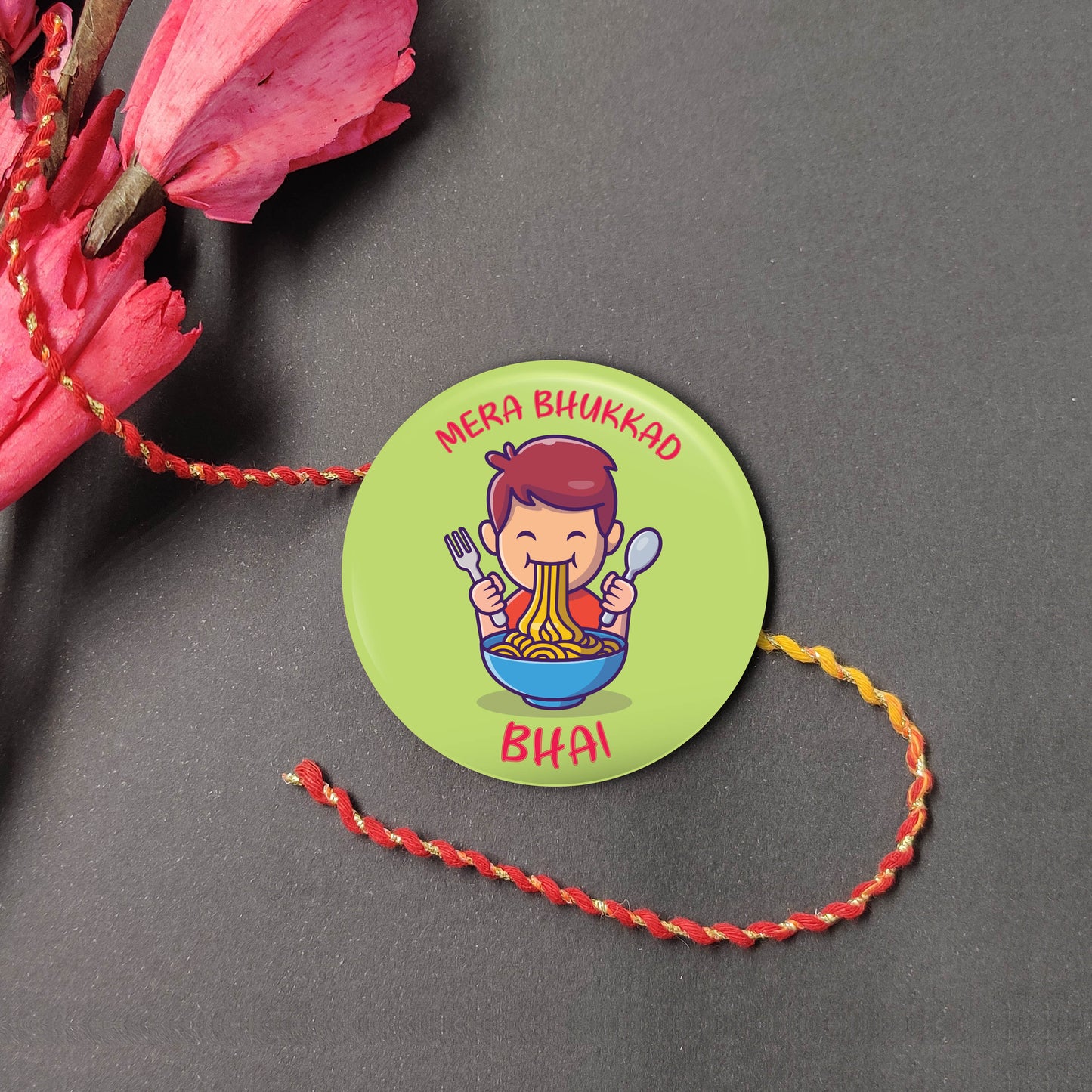 Bhukkad Bhai Metal Rakhi on a thread, with Roli and Chawal for Raksha Bandhan.