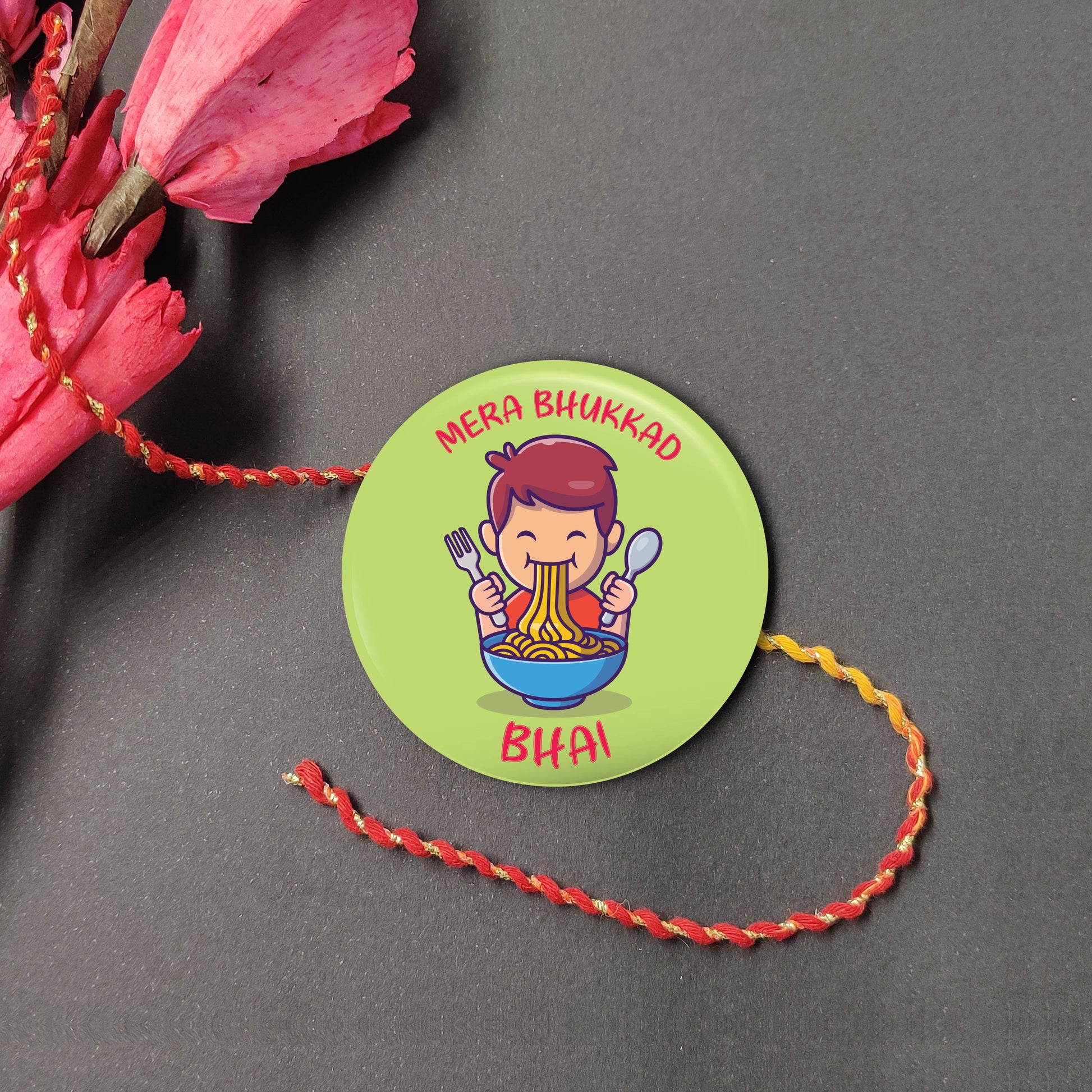 Bhukkad Bhai Metal Rakhi on a thread, with Roli and Chawal for Raksha Bandhan.