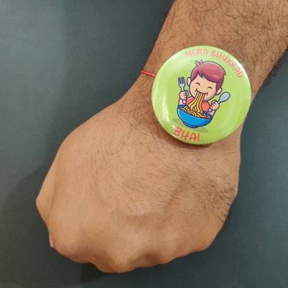 Bhukkad Bhai Rakhi shown both on a thread and as a fridge magnet.
