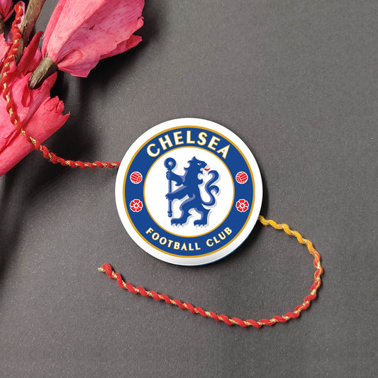 Chelsea FC Metal Rakhi on a thread, with Roli and Chawal for Raksha Bandhan.