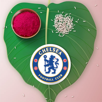 Detailed view showing the metallic finish and quality of the Chelsea FC Rakhi.