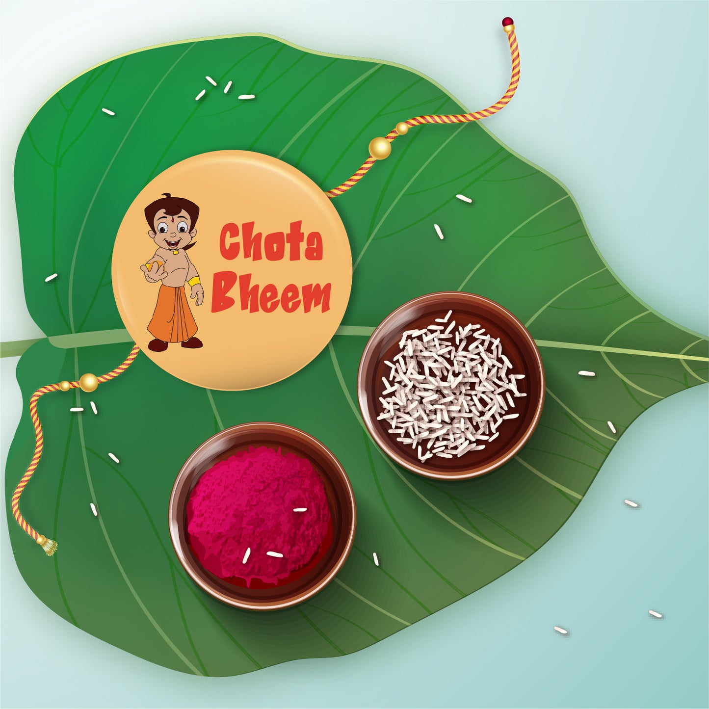 Chota Bheem Rakhi shown both on a thread and as a fridge magnet.