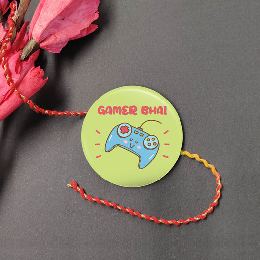 Gamer Bhai Metal Rakhi on a thread, with Roli and Chawal for Raksha Bandhan.