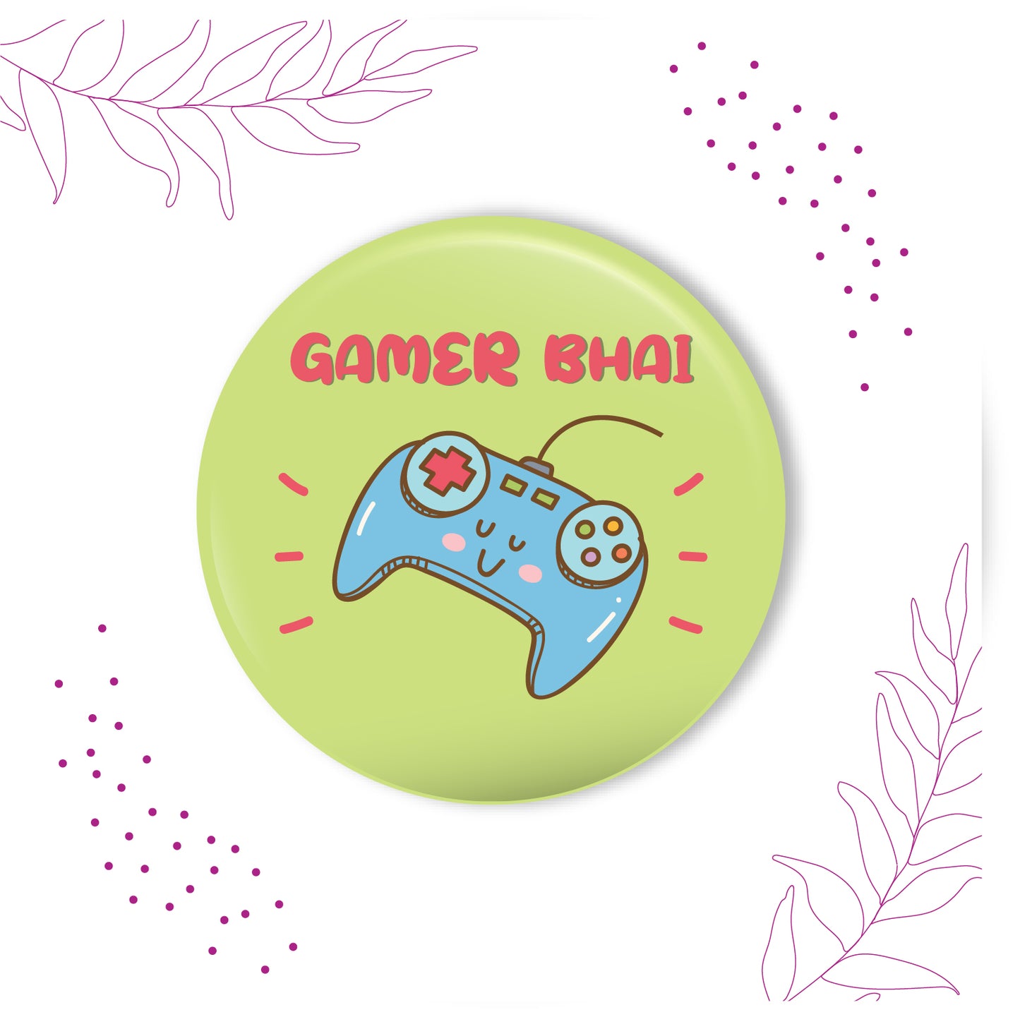Gamer Bhai metal magnet stuck to a refrigerator door, perhaps in a gaming room