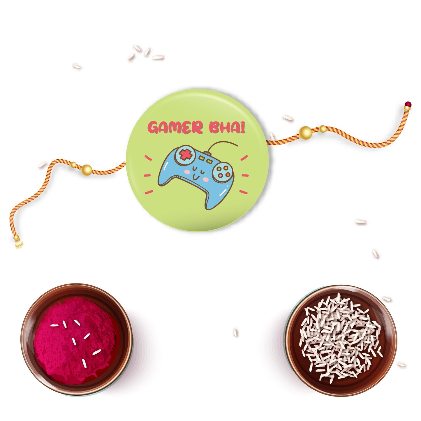 Gamer Bhai Rakhi and magnet displayed with a gaming controller, headset, or favorite video game.