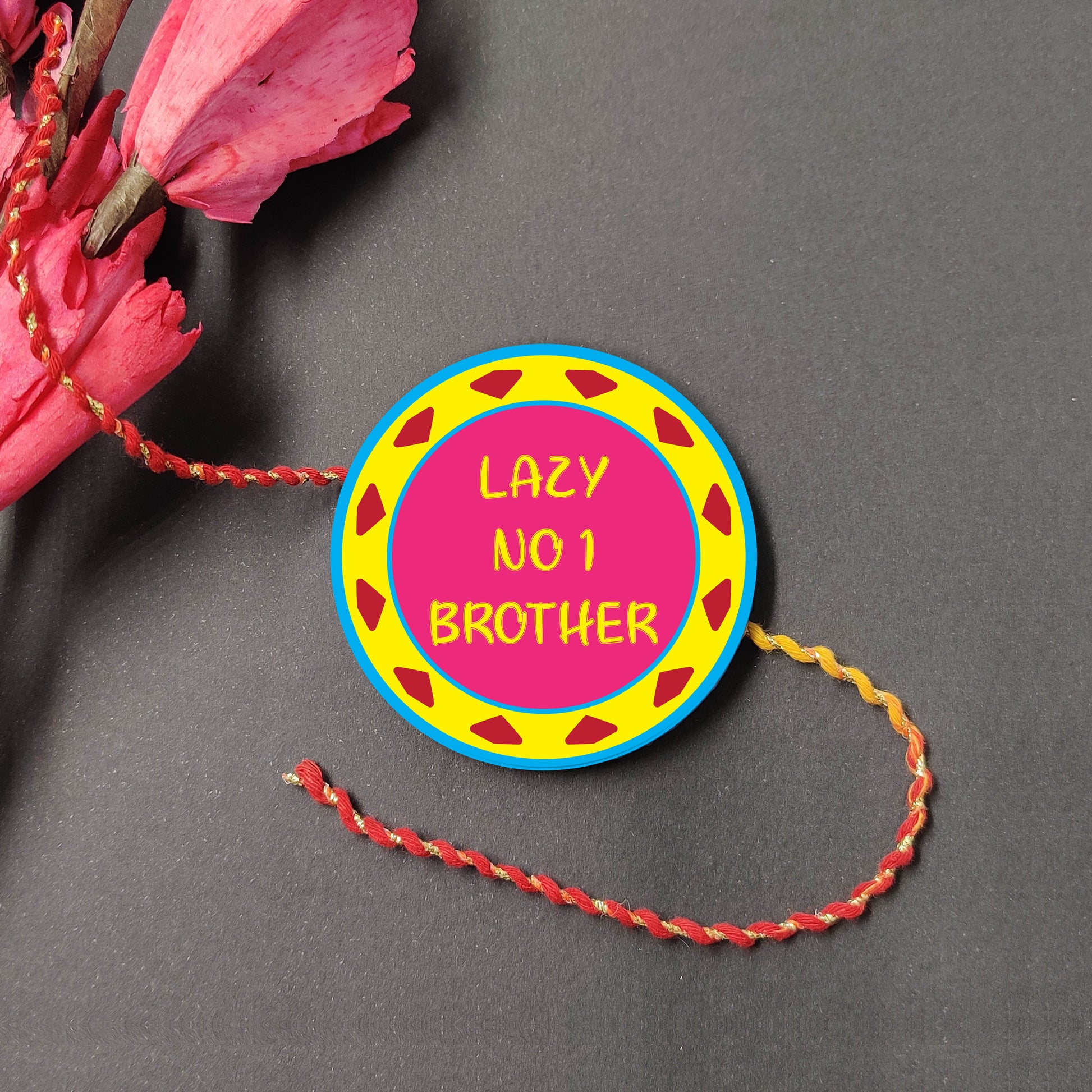 Lazy No 1 Brother Metal Rakhi on a thread, with Roli and Chawal for Raksha Bandhan.