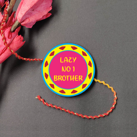 Lazy No 1 Brother Metal Rakhi on a thread, with Roli and Chawal for Raksha Bandhan.