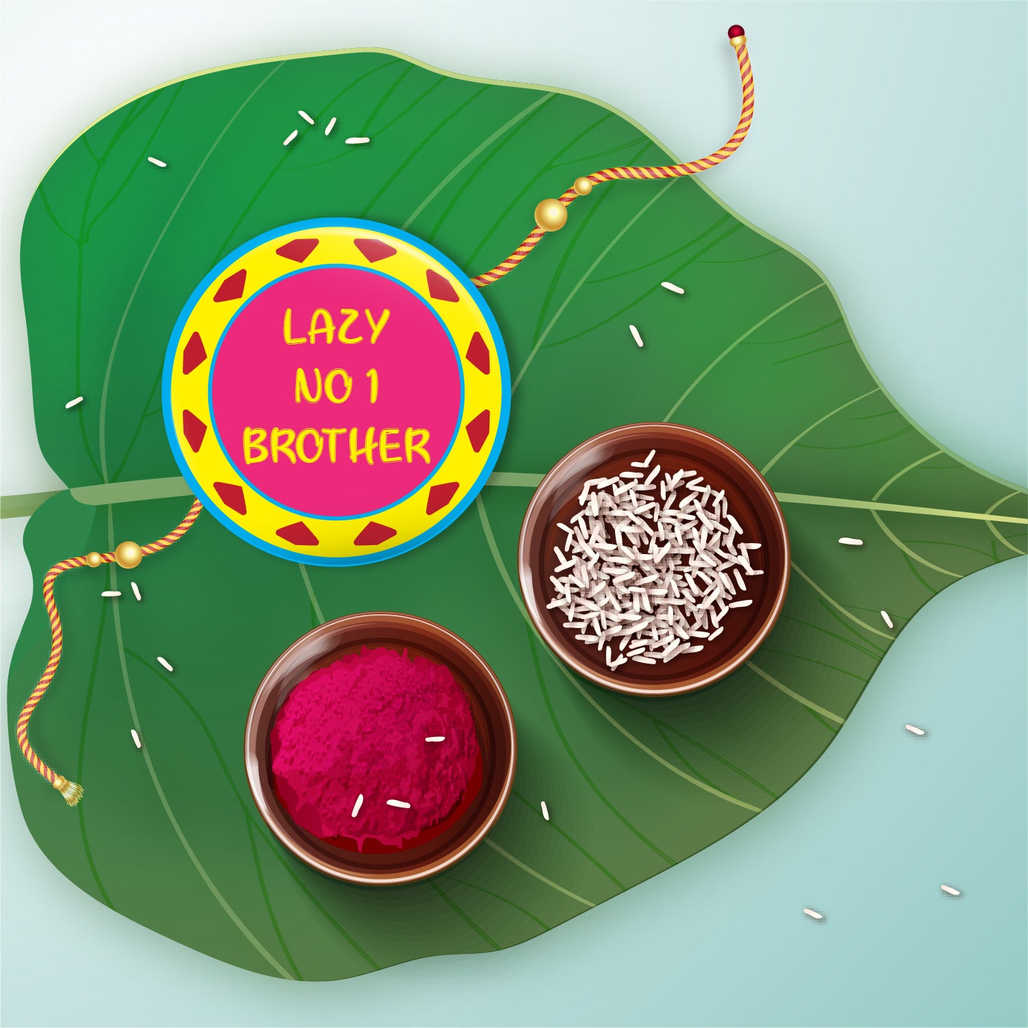 Close-up detail of 'Lazy No 1 Brother' inscription on metal Rakhi and magnet.