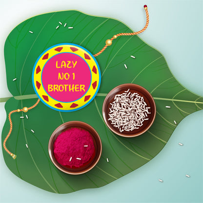 Close-up detail of 'Lazy No 1 Brother' inscription on metal Rakhi and magnet.