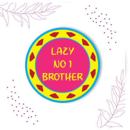Brother smiling, relaxing, wearing Lazy No 1 Brother Metal Rakhi on his wrist.