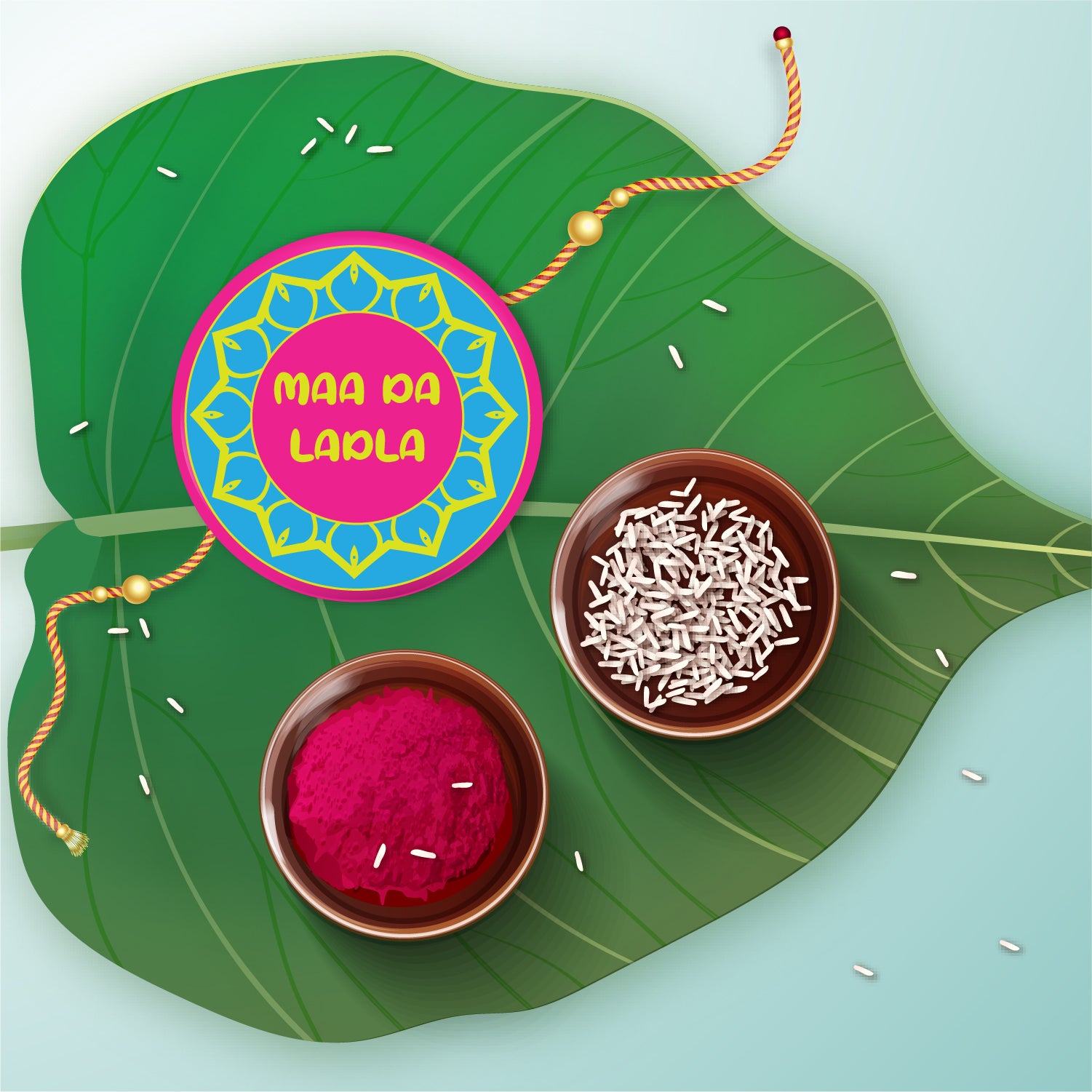 Maa Da Ladla Rakhi and magnet displayed with traditional Indian sweets or family pictures.
