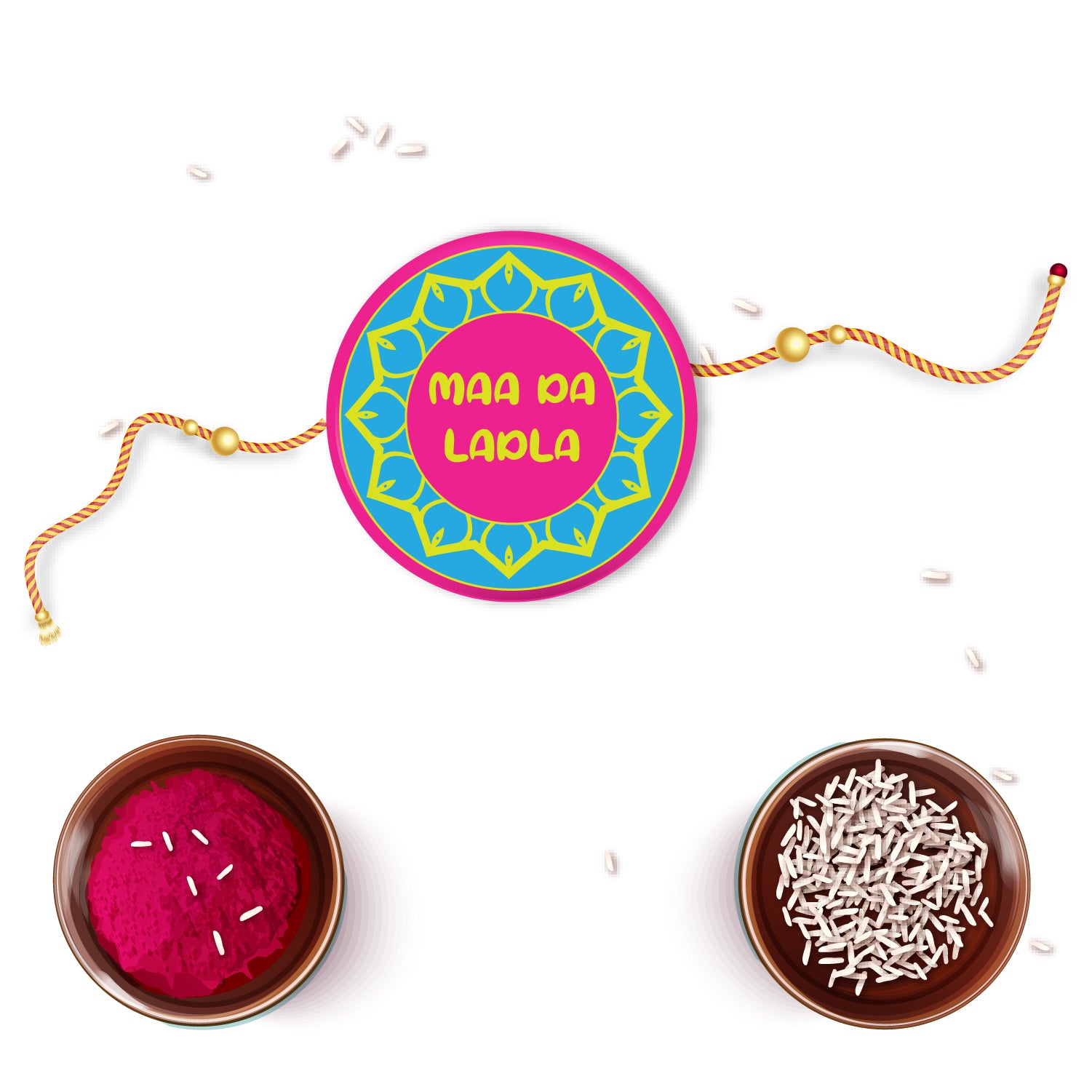 Close-up detail of 'Maa Da Ladla' inscription on metal Rakhi and magnet.