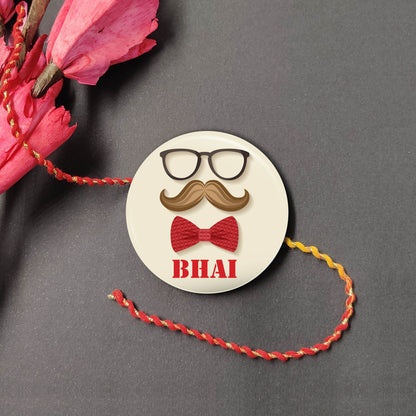 Moustache Bhai Metal Rakhi on a thread, with Roli and Chawal for Raksha Bandhan.