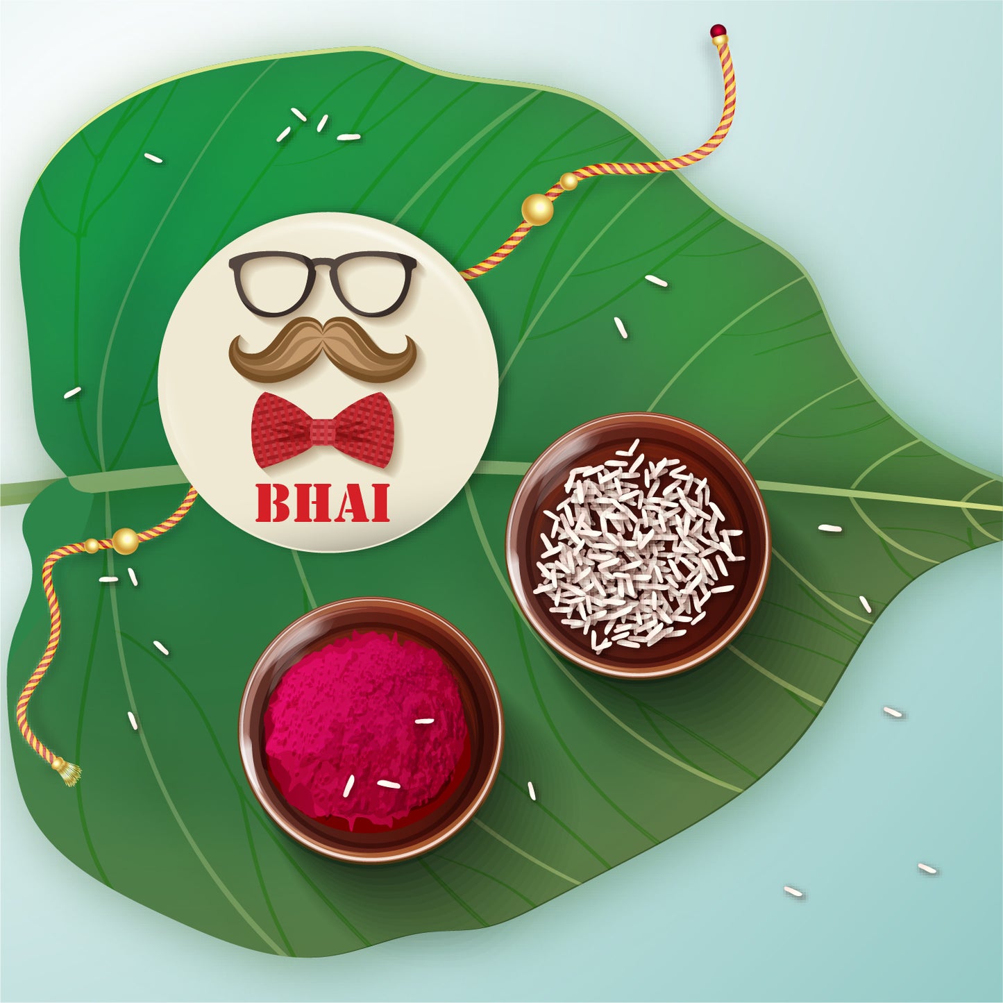 Close-up detail of moustache design and 'Moustache Bhai' inscription on metal Rakhi and magnet.