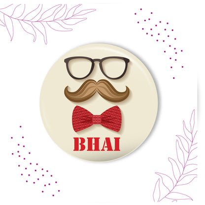 Brother with a moustache wearing Moustache Bhai Metal Rakhi on his wrist.