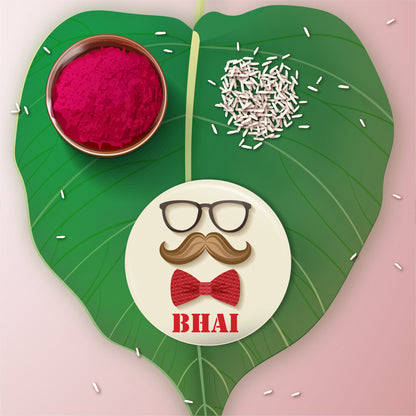 Detailed view showing the metallic finish and quality of the Moustache Bhai Rakhi.