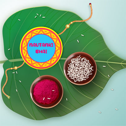Nautanki Bhai Rakhi shown both on a thread and as a fridge magnet.