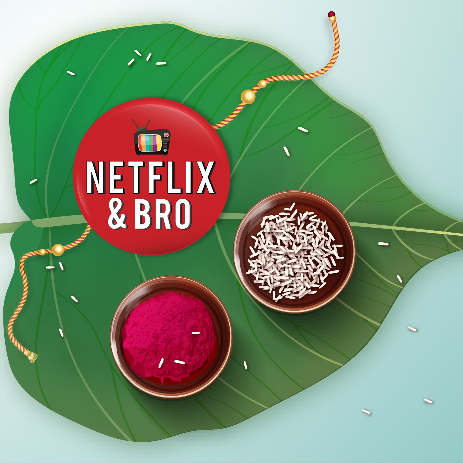 Close-up detail of 'Netflix & Bro' inscription or streaming motif on metal Rakhi and magnet.