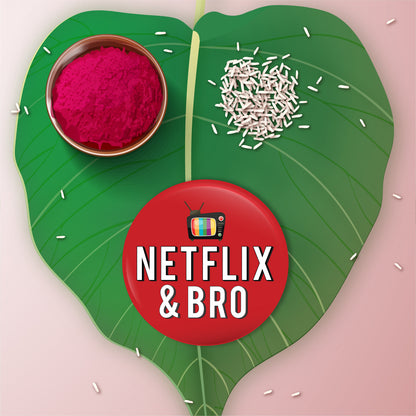 Detailed view showing the metallic finish and quality of the Netflix & Bro Rakhi.
