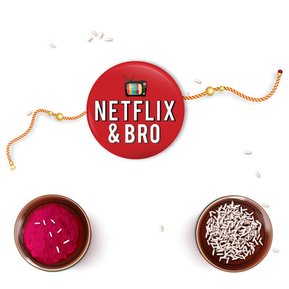Brother smiling, ready to start a new series, with his new Netflix & Bro Metal Rakhi.