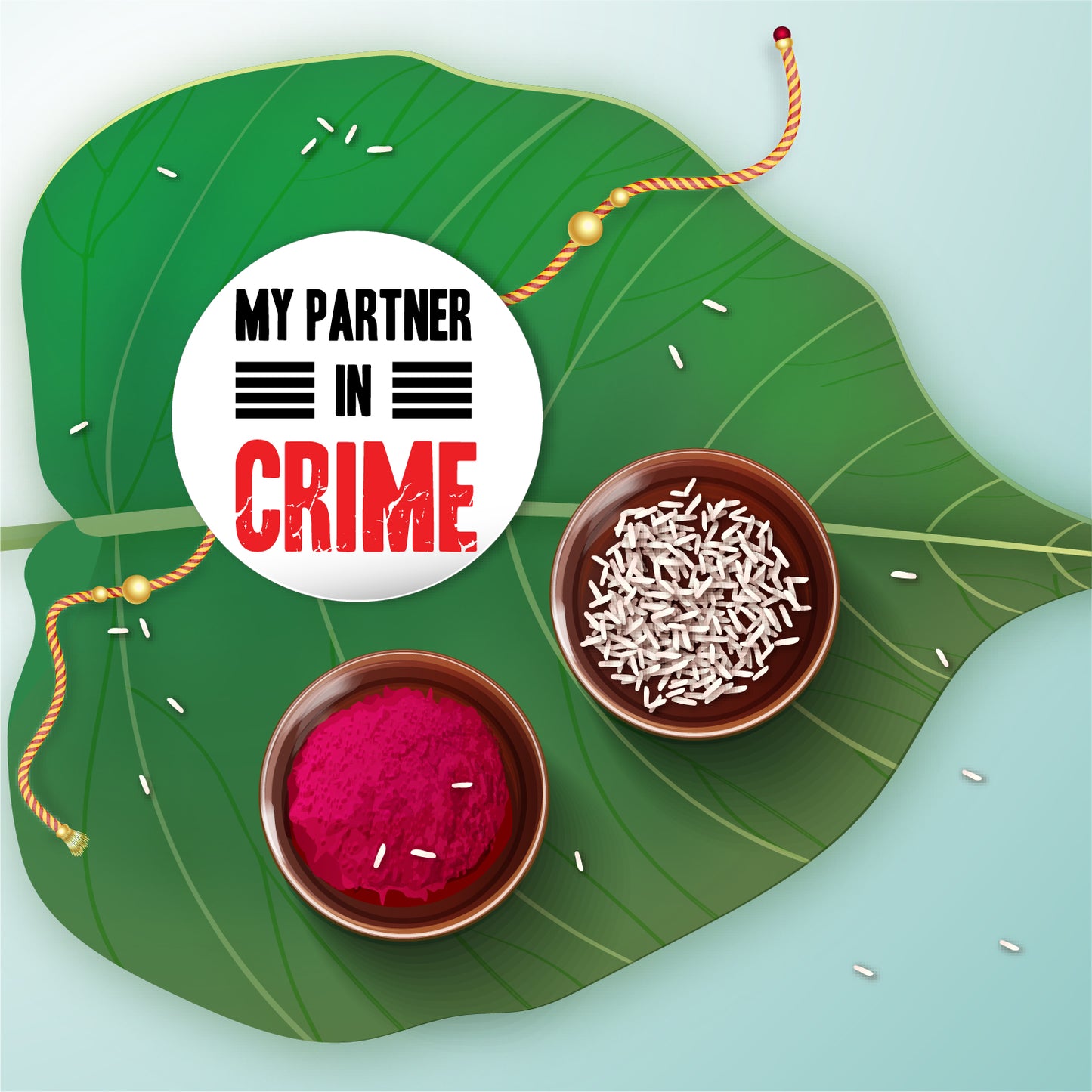 Partner in Crime Rakhi shown both on a thread and as a fridge magnet.