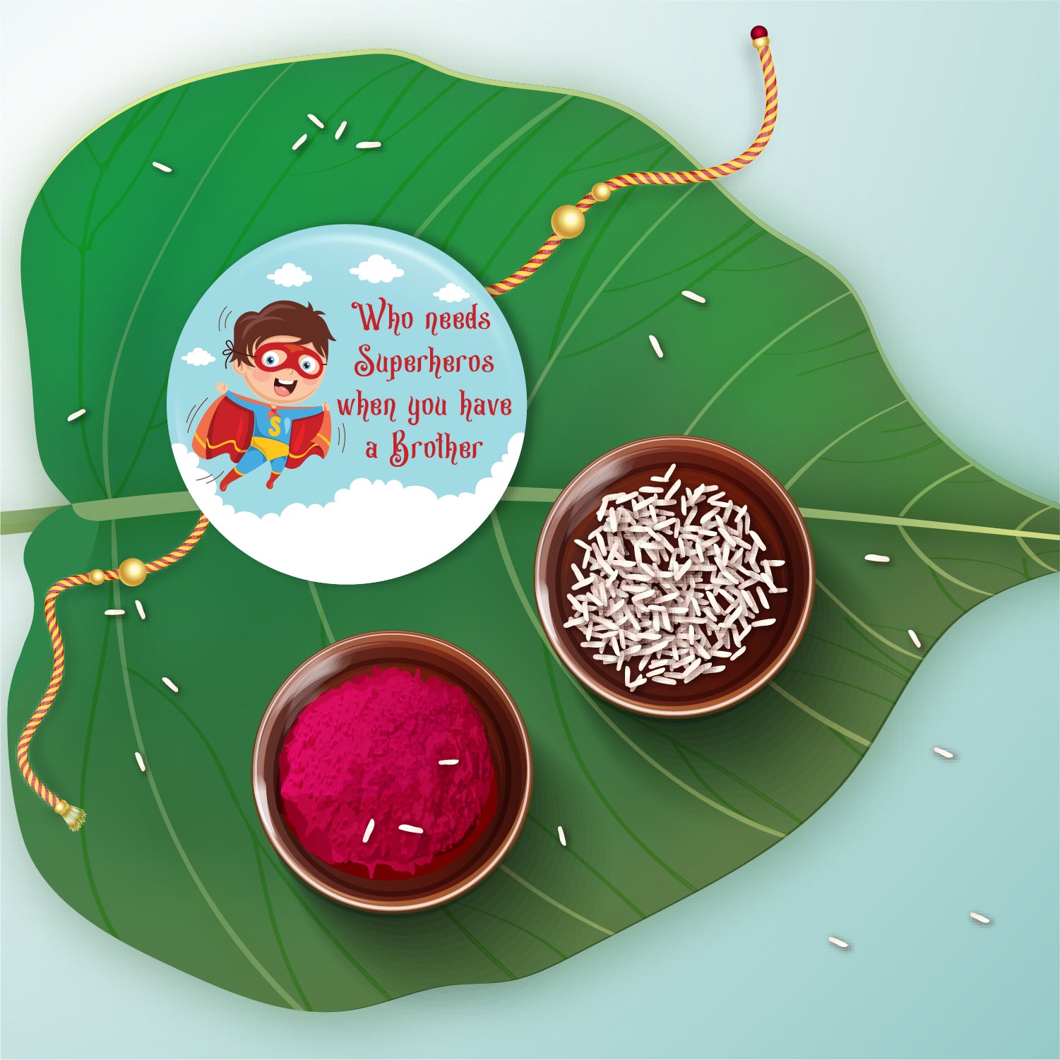 Brother is Superhero Rakhi shown both on a thread and as a fridge magnet.