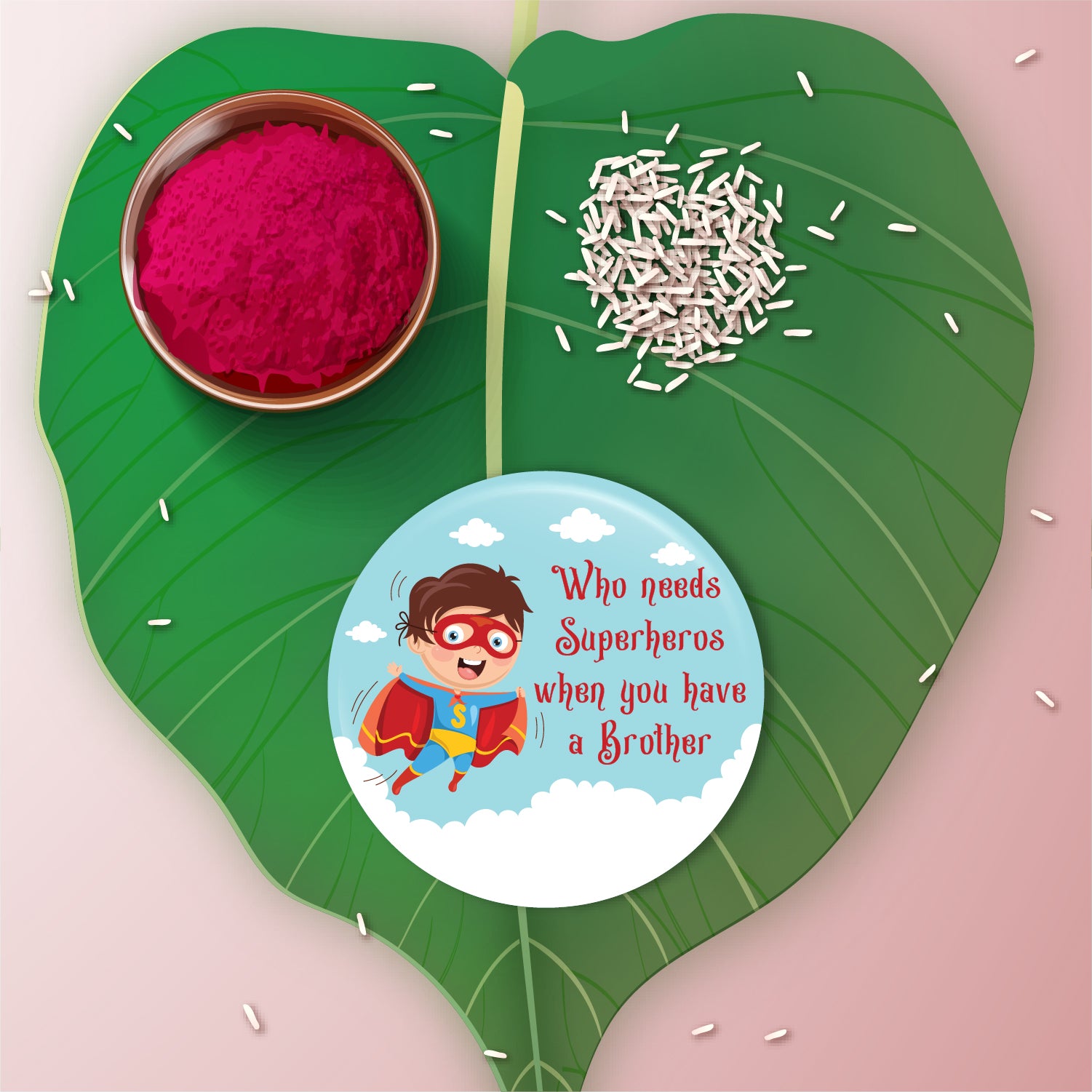 Detailed view showing the metallic finish and quality of the 'Brother is Superhero' Rakhi.
