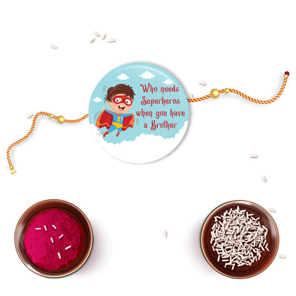 Brother is Superhero Rakhi and magnet displayed with comic books or superhero figurines.