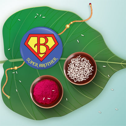 Super Brother Rakhi shown both on a thread and as a fridge magnet