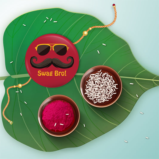 Swag Bro Rakhi shown both on a thread and as a fridge magnet.