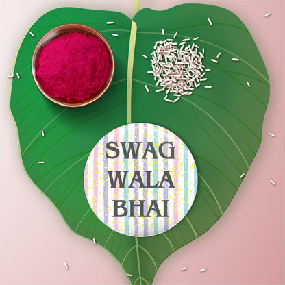 Close-up detail of 'Swag Wala Bhai' inscription or stylish motif on metal Rakhi and magnet