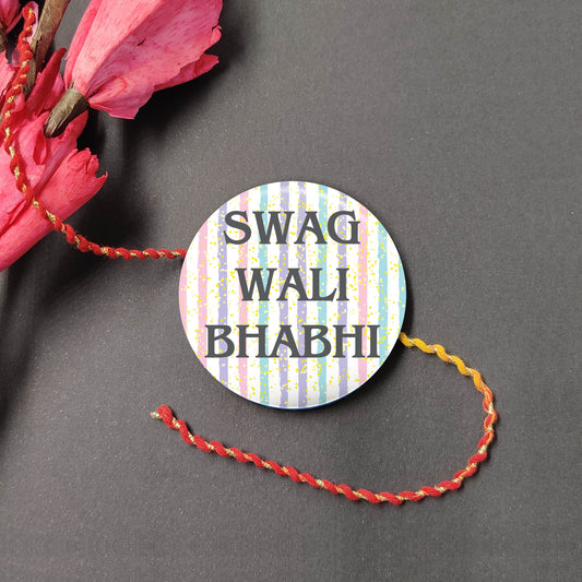 Swag Wali Bhabhi Metal Rakhi Lumba on a thread/tassel, presented with Roli and Chawal for Raksha Bandhan
