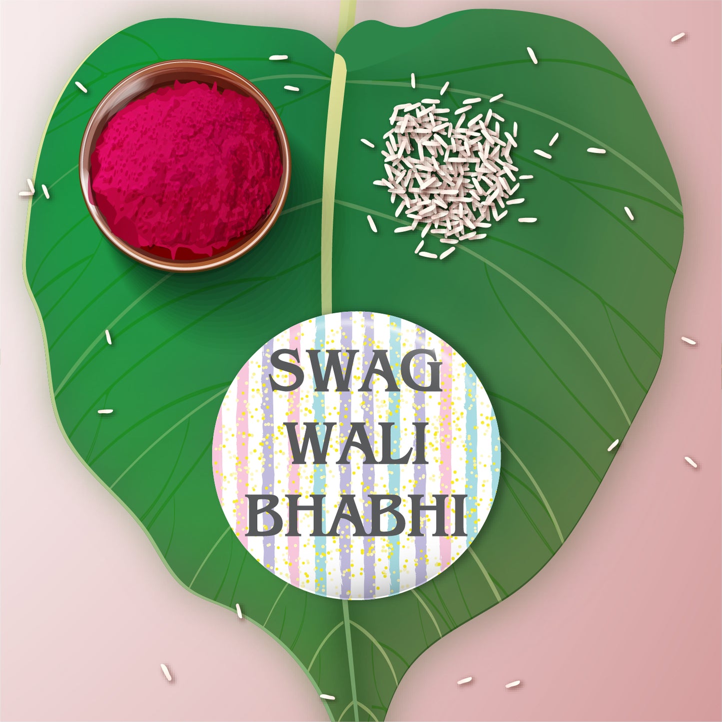 Close-up detail of 'Swag Wali Bhabhi' inscription or stylish motif on metal Rakhi/Lumba and magnet.