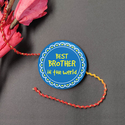 Best Brother in the World Metal Rakhi on a thread, with Roli and Chawal for Raksha Bandhan.