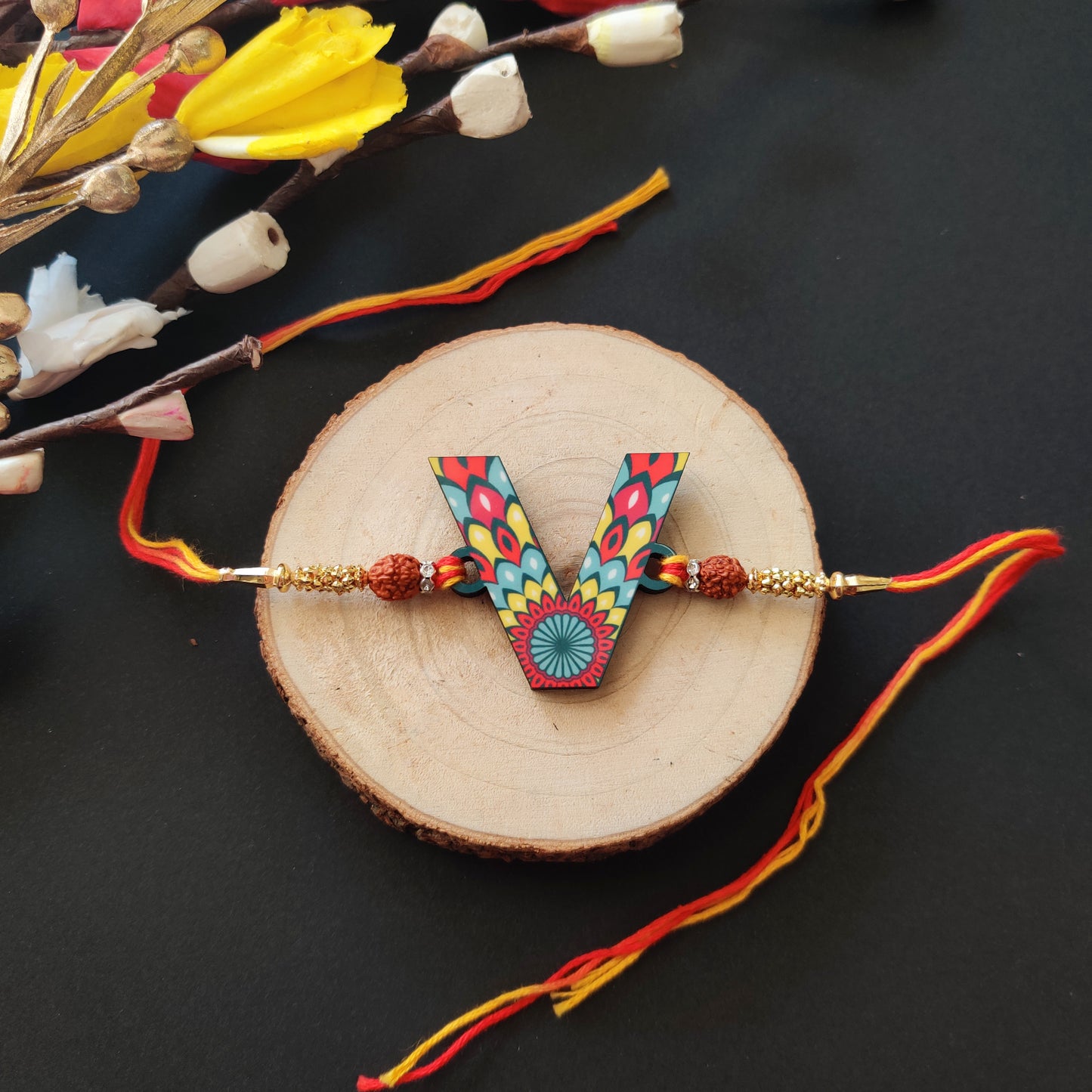 Alphabet V Wooden Rakhi
