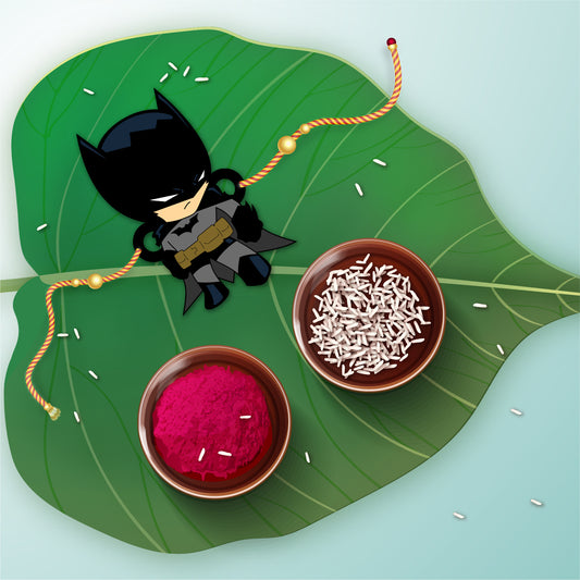 Close-up detail of iconic Batman symbol on wooden Rakhi with Rudraksha beads.