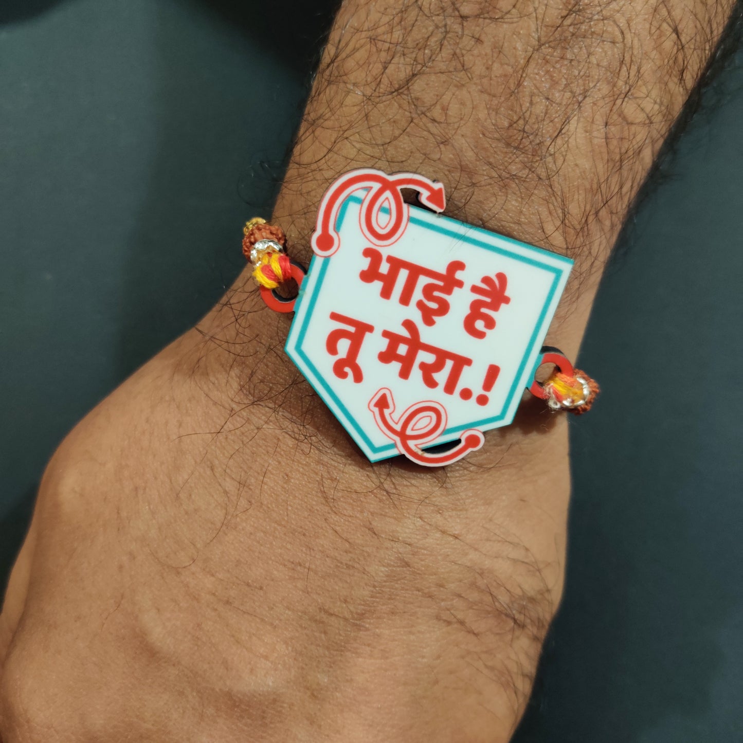 'Bhai hai tu Mera' Wooden Rakhi with Rudraksha."