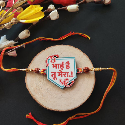Bhai hai tu Mera Wooden Rakhi with Rudraksha thread, presented with Roli and Chawal.
