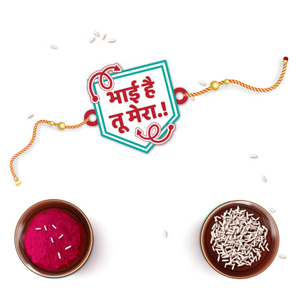 Bhai hai tu Mera' Rakhi with Rudraksha placed on a colorful Raksha Bandhan thali