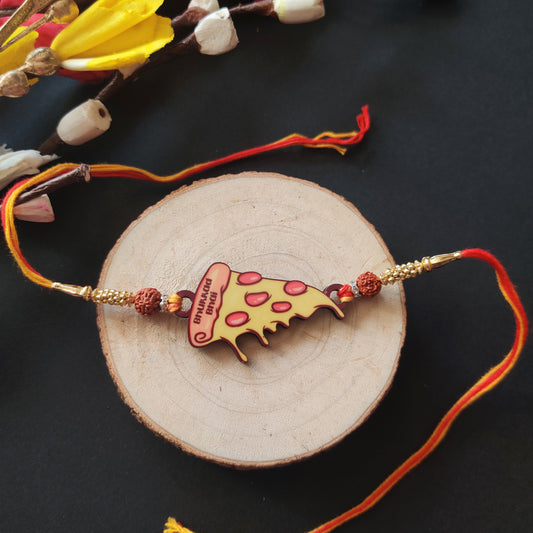 Bhukkad Bhai (Pizza) Wooden Rakhi with Rudraksha thread, Roli, and Chawal set