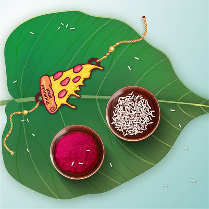Humorous Bhukkad Bhai Pizza Wooden Rakhi with Rudraksha thread worn on a brother's wrist