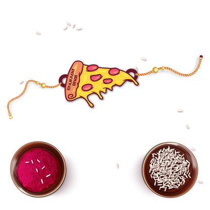 Bhukkad Bhai Pizza Wooden Rakhi with Rudraksha on a colorful Raksha Bandhan thali.